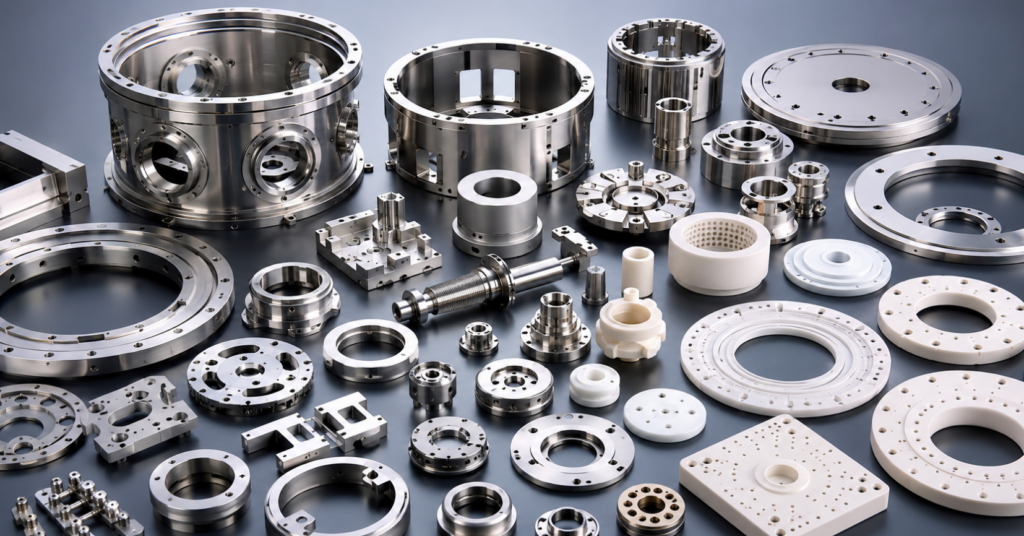 High-quality collection image of semiconductor manufacturing equipment components, including precision chamber parts, ring components, and ceramic parts arranged in a professional industrial layout