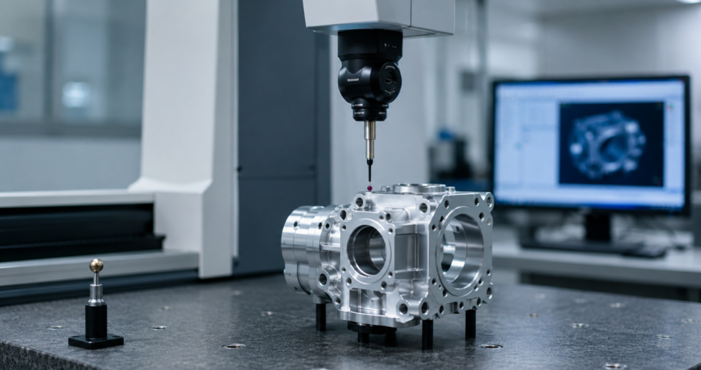 A coordinate measuring machine (CMM) is inspecting high-precision metal parts, demonstrating sub-micron level precision measurement and industrial quality control.