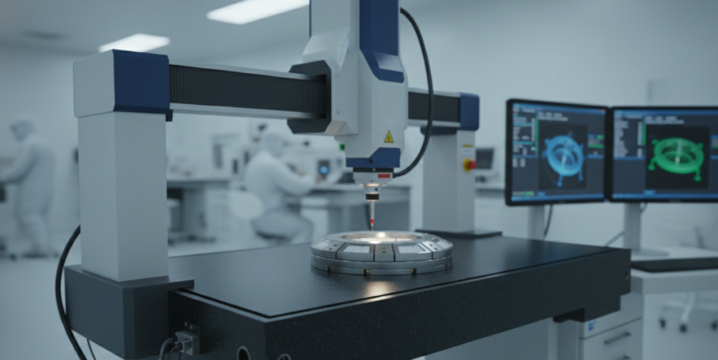 On-site photograph of a high-precision Coordinate Measuring Machine (CMM) performing precise measurements on a component.