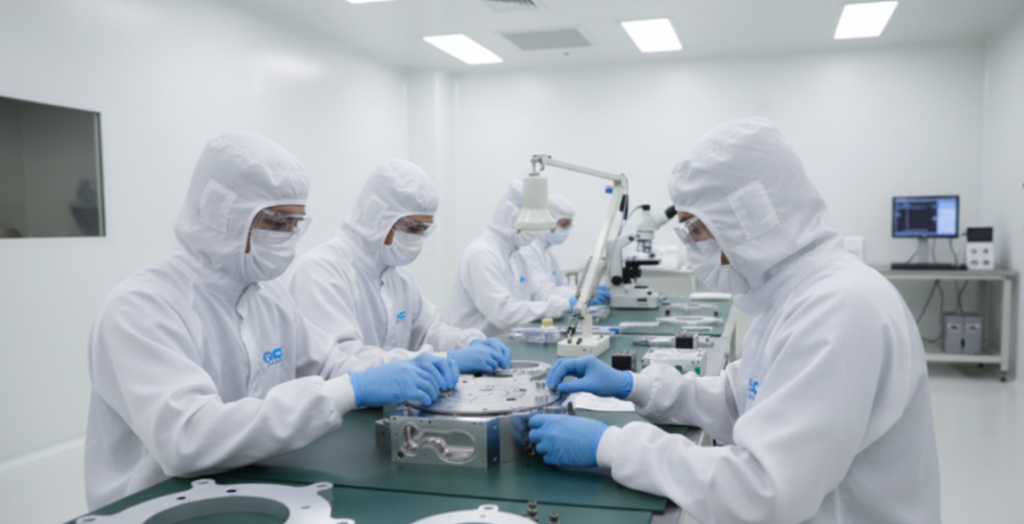  High-precision semiconductor manufacturing equipment assy in ISO Class 5 cleanroom.