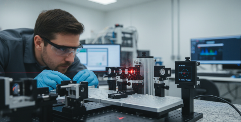 Helium leak testing and sub-micron alignment for vacuum modules.