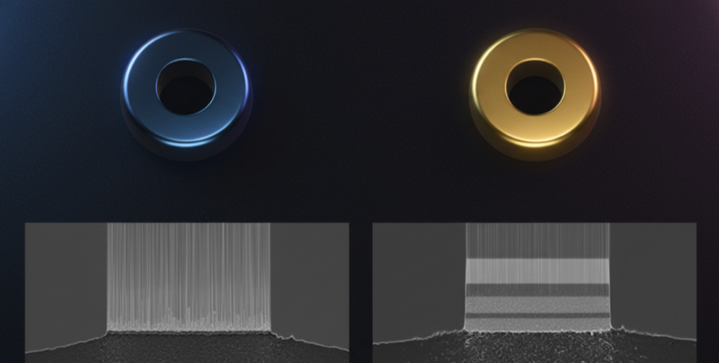 Appearance after PVD coating and corresponding cross-sectional electron microscopic comparison