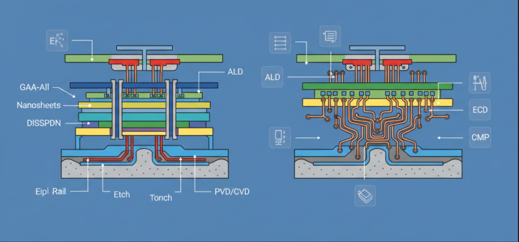 Cross-sectional diagram of 2nm GAA and BSPDN structures in 2026, mapping specific Applied Materials tool interventions at each material layer
