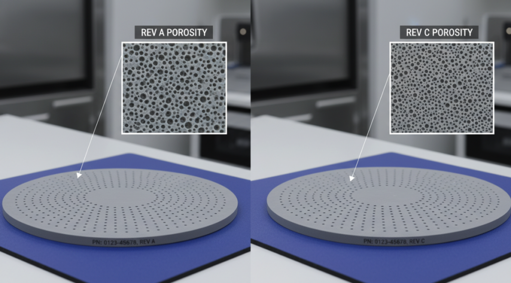 display a comparison of two AMAT faceplates that share the same part number but have different revision numbers (Rev), with close-up views highlighting details of the porosity.
