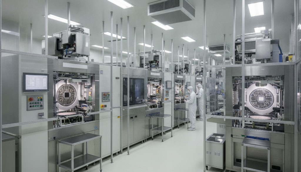 A high-definition, real-life image showing high-precision chip manufacturing equipment (such as lithography, etching, or deposition tools) neatly arranged within a wafer fab cleanroom.