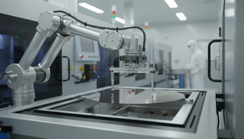 A close-up photograph or schematic diagram of a wafer transfer robotic arm (or end effector) carrying and transporting silicon wafers.