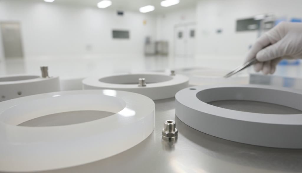 Close-up detail shot of high-precision vacuum chamber components in a cleanroom environment.