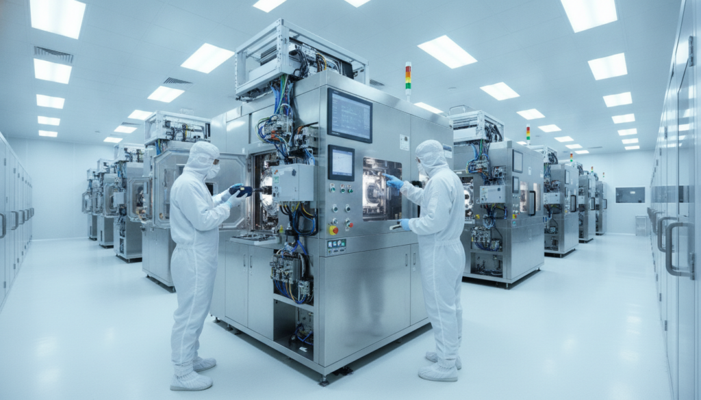 A real-life photo of a high-tech semiconductor cleanroom.