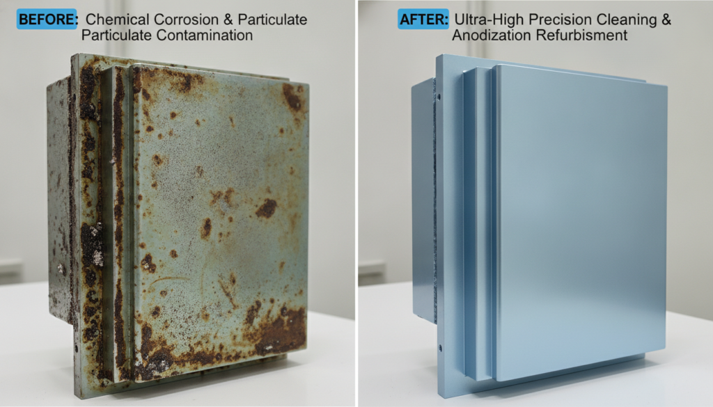The left side shows an internal chamber component (such as a liner or shield) that has suffered chemical corrosion or severe particulate contamination during long-term processing, while the right side displays the component restored to a like-new, lustrous condition following ultra-high-precision decontamination cleaning and anodization.