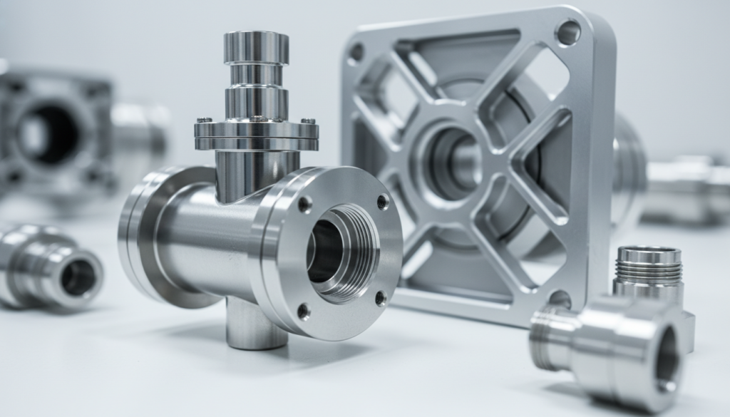 Macro close-up of high-precision machined metal parts, semiconductor valves, or chamber shielding components.