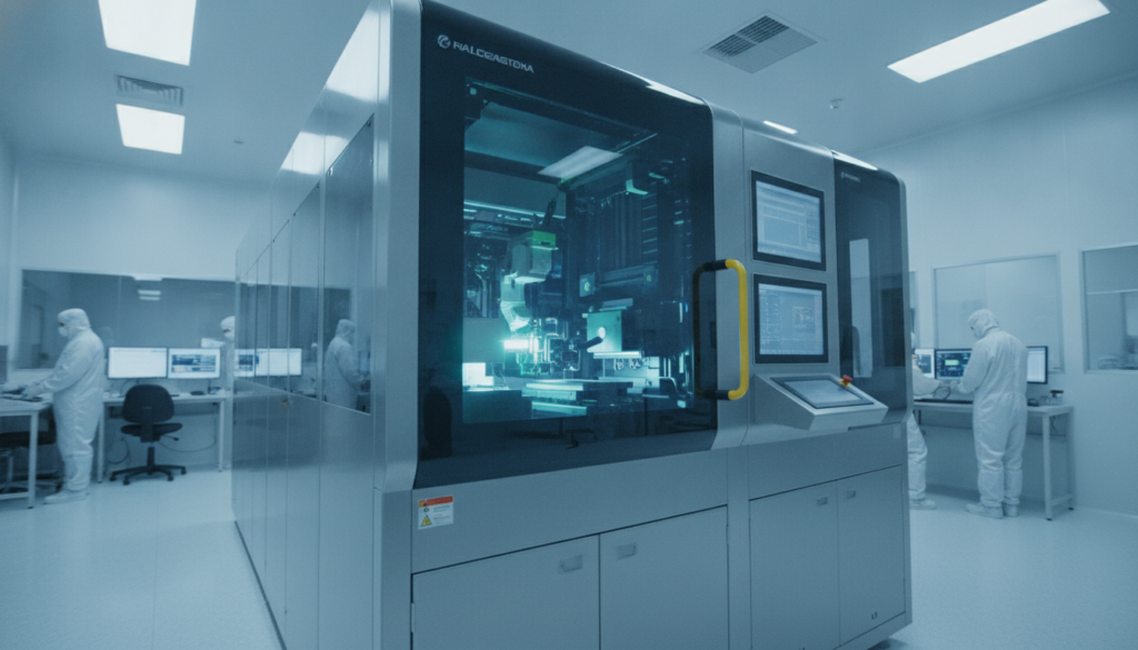 An image of high-precision semiconductor manufacturing equipment (photolithography machine) operating in a cleanroom.