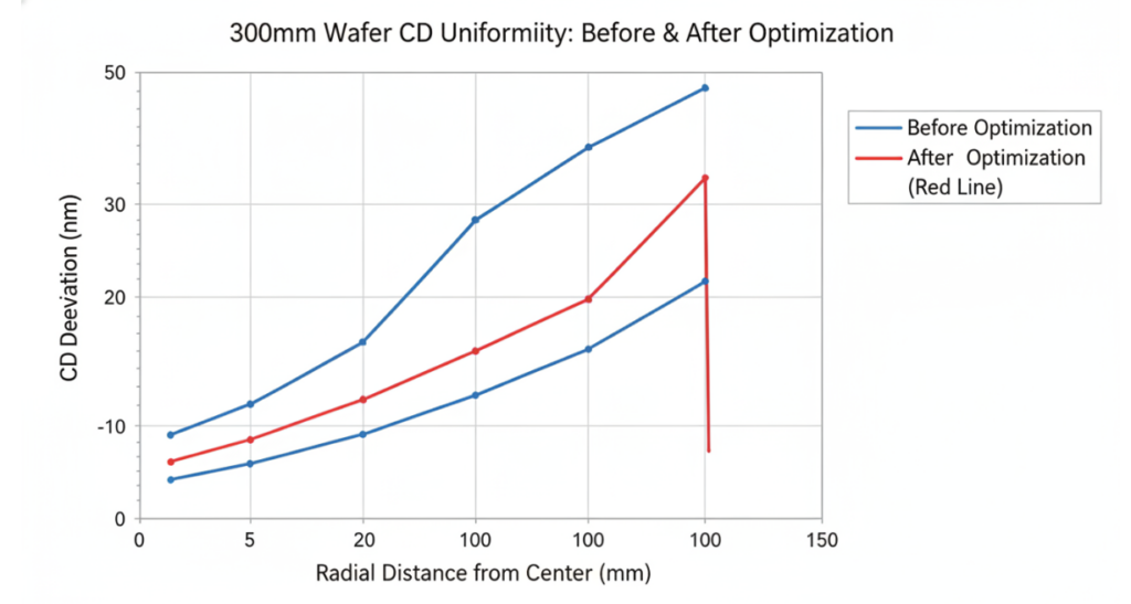Comparison of "before and after optimization" data for CD uniformity on 300mm wafers
