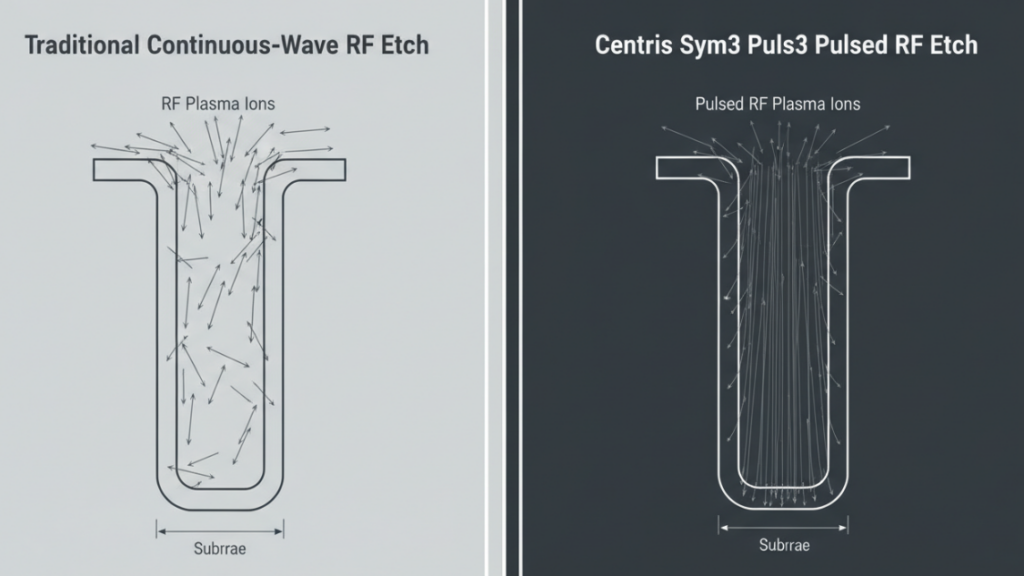 an infographic here comparing ion trajectories between traditional continuous-wave RF etch and Centris Sym3 pulsed RF etch inside a 60:1 aspect ratio trench