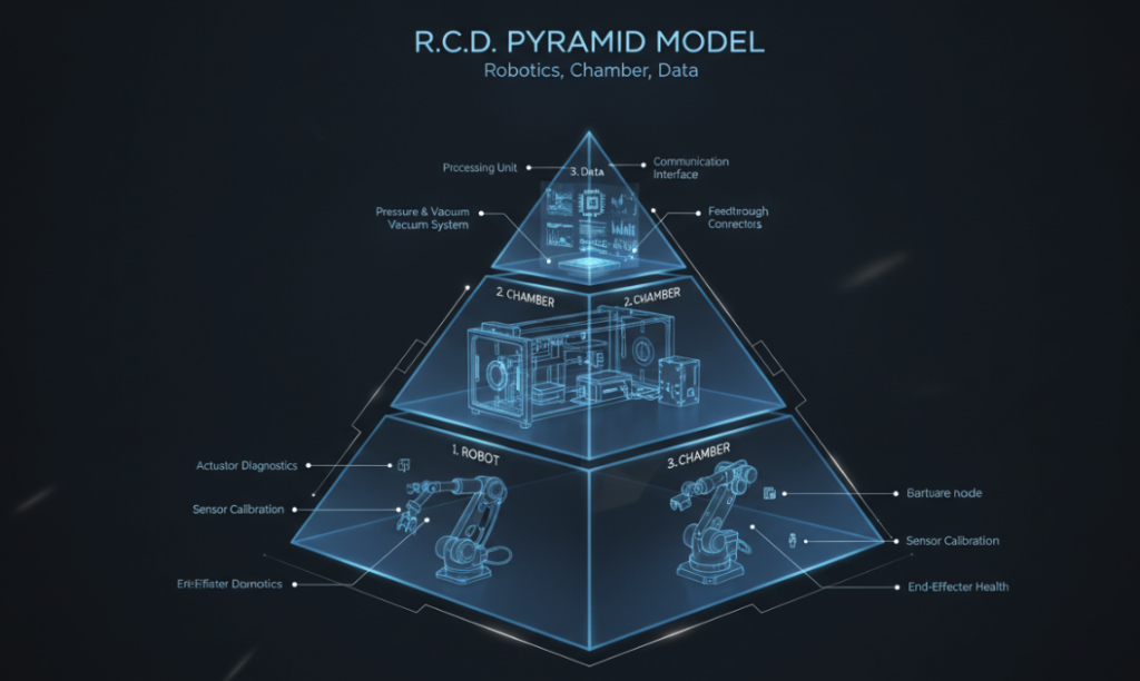a high-definition infographic displaying the R.C.D. Pyramid Model. Robot at the base, Chamber in the middle, Data at the apex, with specific hardware inspection nodes annotated at each tier.
