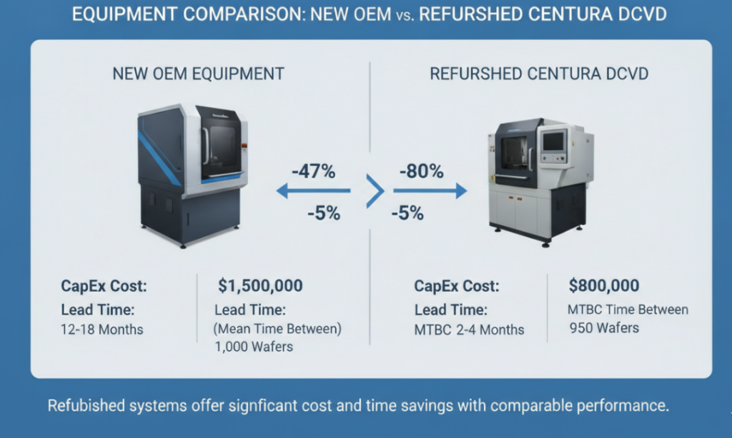 Compare specific data differences—regarding CapEx, lead time, and MTBC (Mean Time Between Cleans)—between brand-new OEM equipment and refurbished Centura DCVD systems.