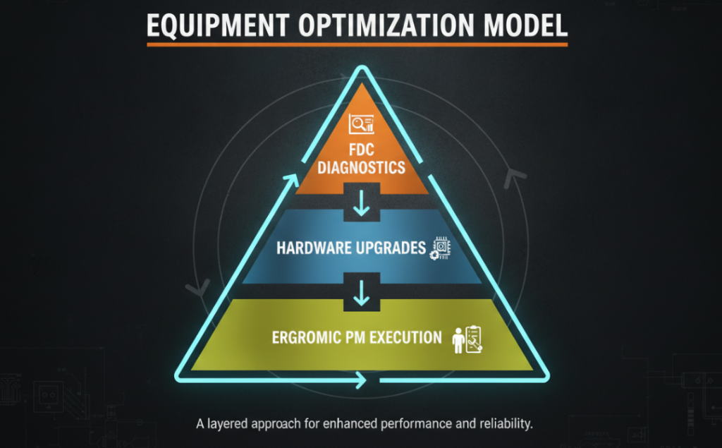 an infographic of a triangle with 3 layers: Top – FDC Diagnostics, Middle – Hardware Upgrades, Bottom – Ergonomic PM Execution. Use high-contrast industrial colors.