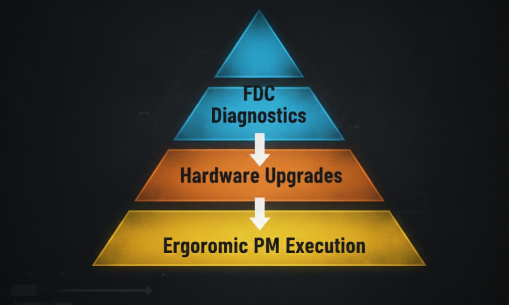an infographic of a triangle with 3 layers: Top – FDC Diagnostics, Middle – Hardware Upgrades, Bottom – Ergonomic PM Execution. 