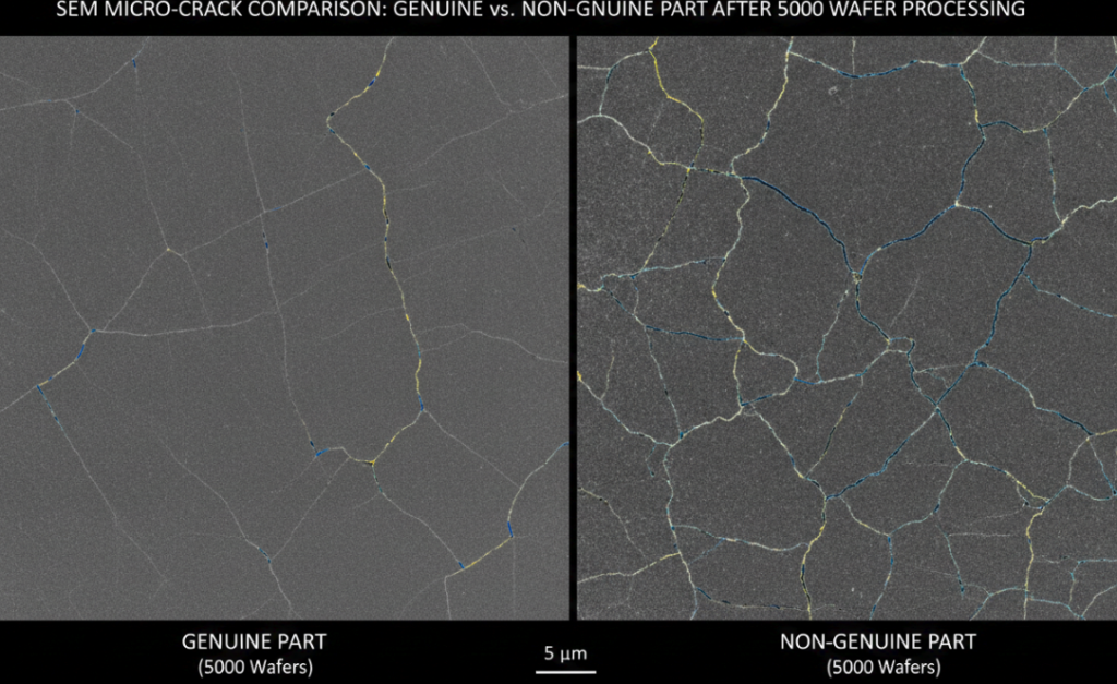 An image: A scanning electron microscope (SEM) comparison showing microscopic surface cracks on OEM versus non-OEM parts after processing 5,000 wafers.