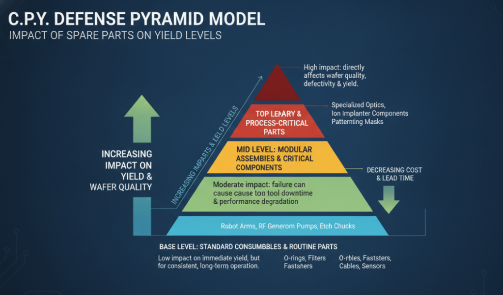 An infographic of the C.P.Y. Defense Pyramid model, illustrating the hierarchical impact of various spare parts on yield, arranged logically from the bottom layer to the top.