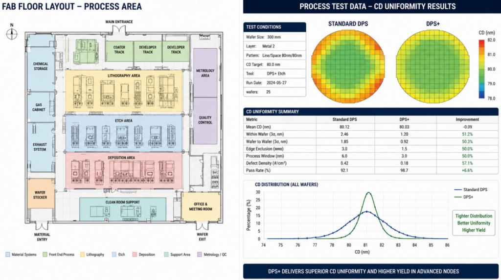Layout diagram of the fab floor or process test data showing CD uniformity results