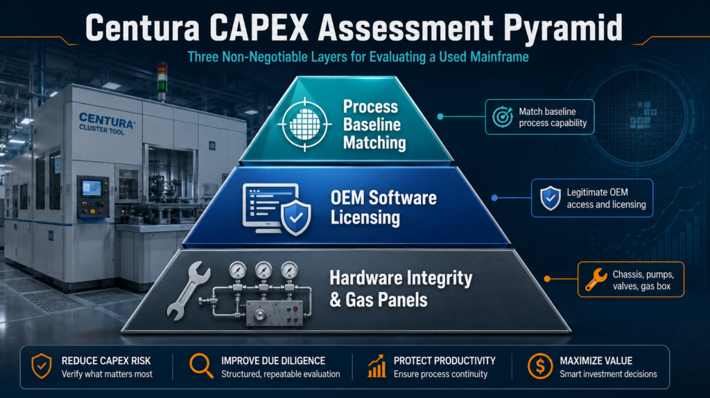 A pyramid infographic titled “Centura CAPEX Assessment Pyramid”. Base Layer: Hardware Integrity & Gas Panels. Middle Layer: OEM Software Licensing. Top Layer: Process Baseline Matching.