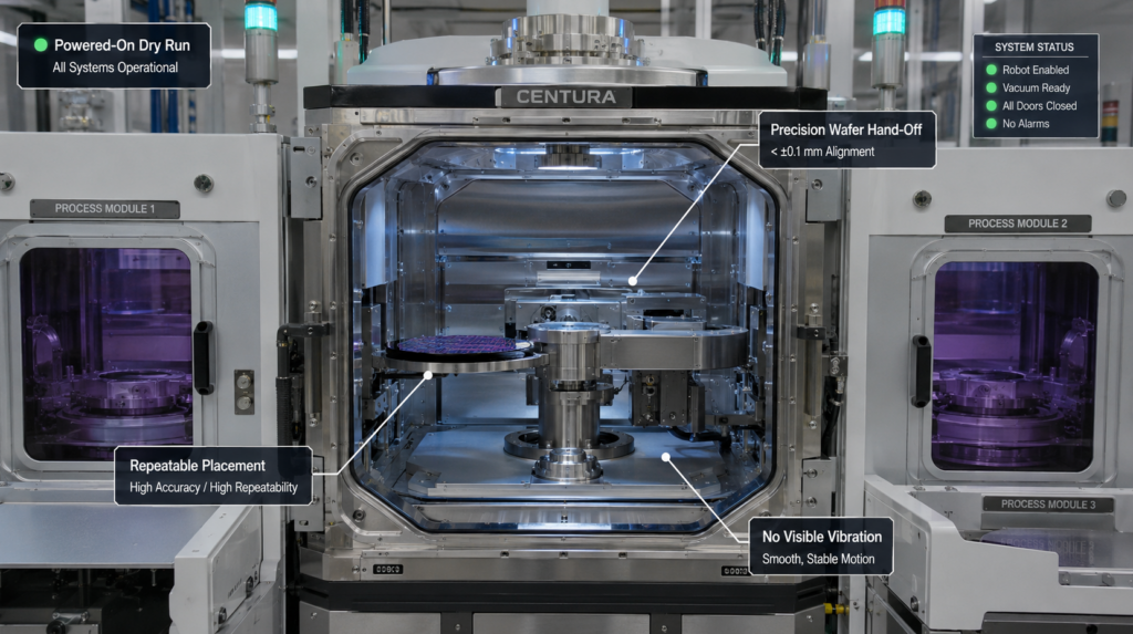 A 45-second clip showing a successful “dry run” test of a Centura transfer chamber robot executing precision wafer hand-offs without vibration.