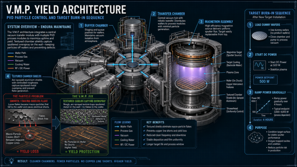 Insert a high-resolution technical schematic detailing the V.M.P. Yield Architecture. Use a dark background blueprint style. Visually map out the Buffer Chamber, Transfer Chamber, Magnetron Assembly, and textured Chamber Shields within an Endura mainframe.