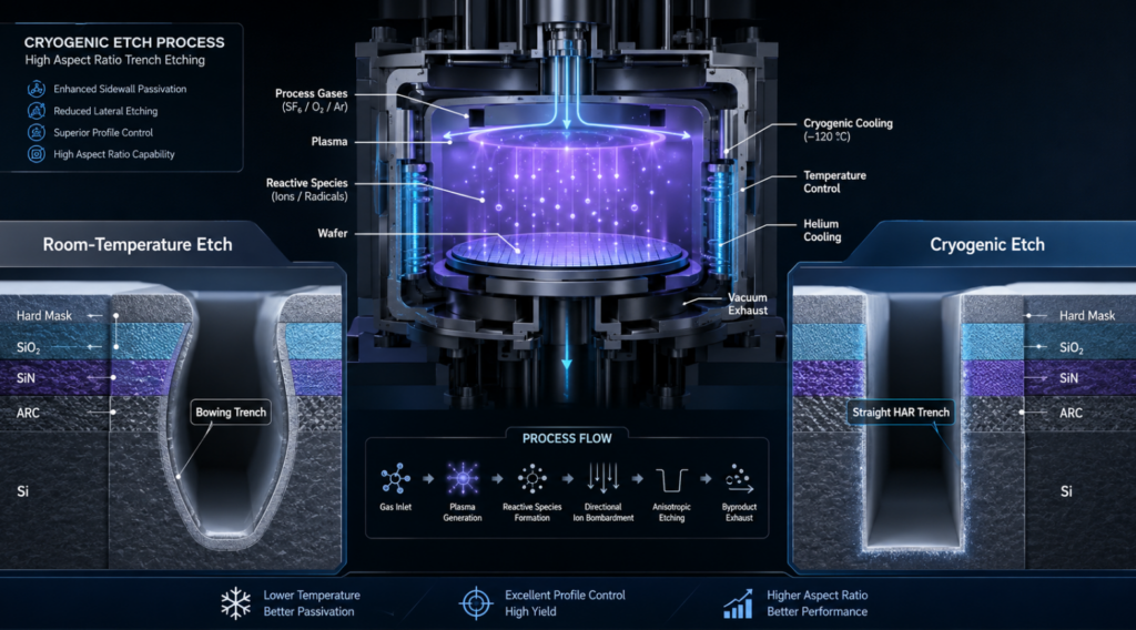 Insert a  3D picture demonstrating the cryogenic etch process inside a Sym3 Y chamber. Visually contrast a “bowing” trench etched at room temperature versus a perfectly straight HAR trench etched at cryogenic temperatures.