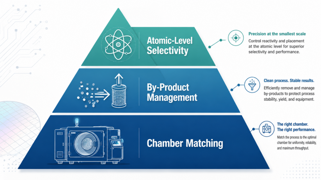 Displaying The Pyramid Graphic—Base: Chamber Matching; Middle: By-Product Management; Top: Atomic-Level Selectivity.