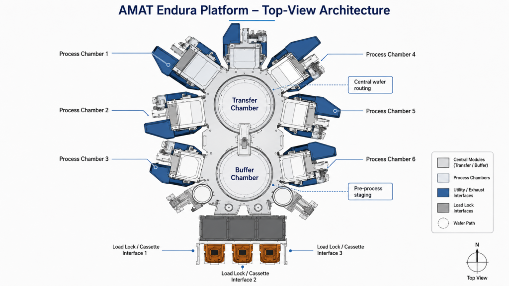 Top-Down Architectural Diagram Of The Amat Endura Platform, Indicating The Spatial Relationships Between The Buffer Chamber, Transfer Chamber, And Various Process Chambers.