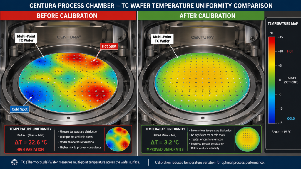 Displays A Comparison Of Multi-Point Temperature Heat Maps For Tc Wafers Within The Centura Chamber, Illustrating The Differences Before And After Calibration.