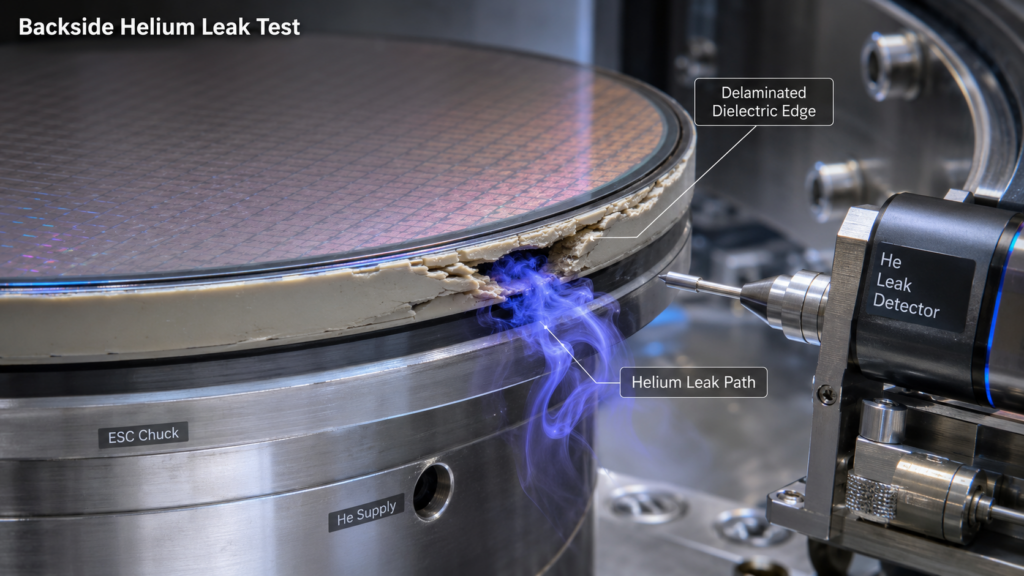 Demonstrating The Testing Of Backside Helium Leakage Caused By Delamination At The Edge Of The Electrostatic Chuck's Dielectric Layer.