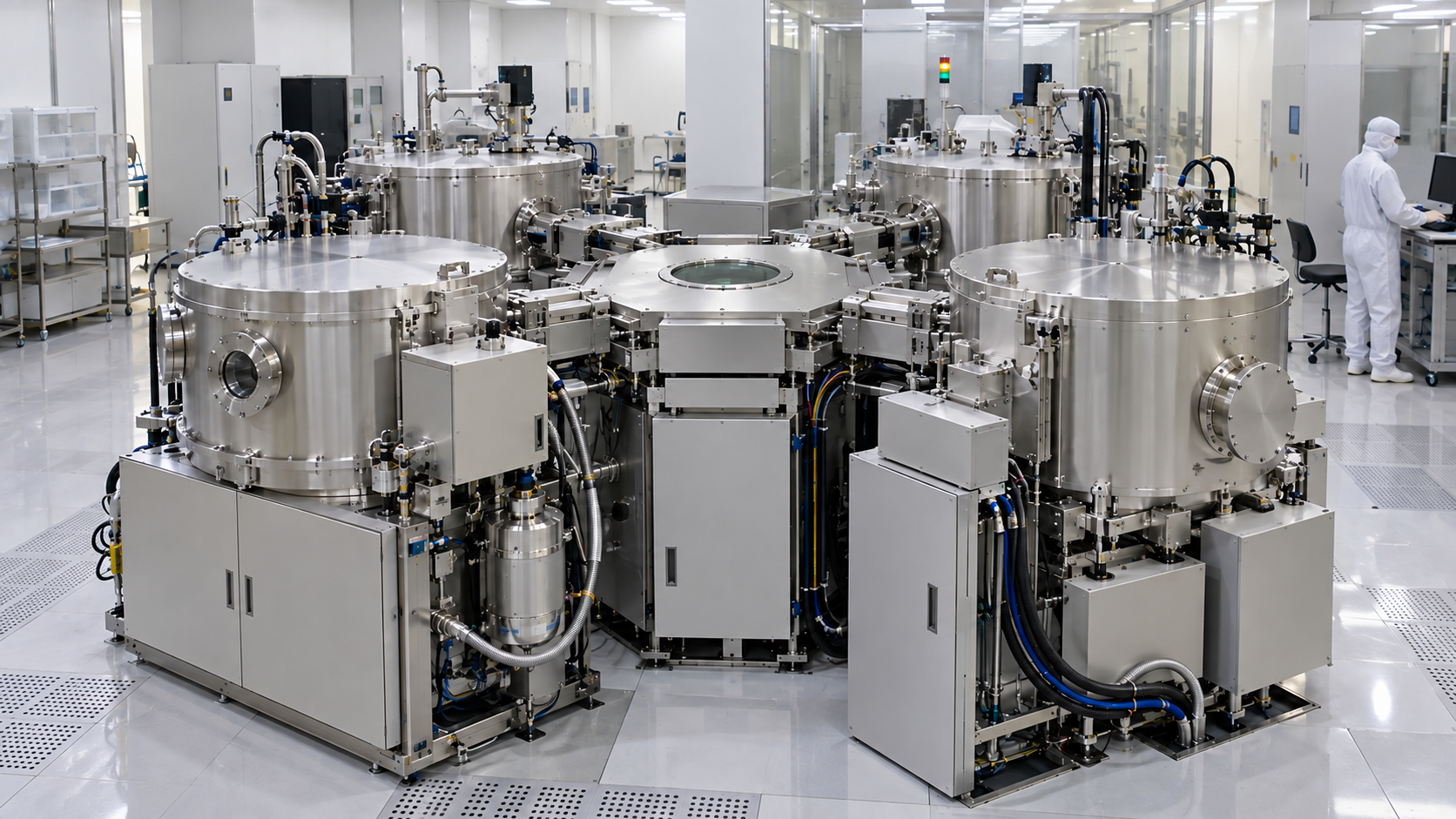 Photorealistic cleanroom view of an unbranded stainless-steel multi-chamber PVD cluster tool