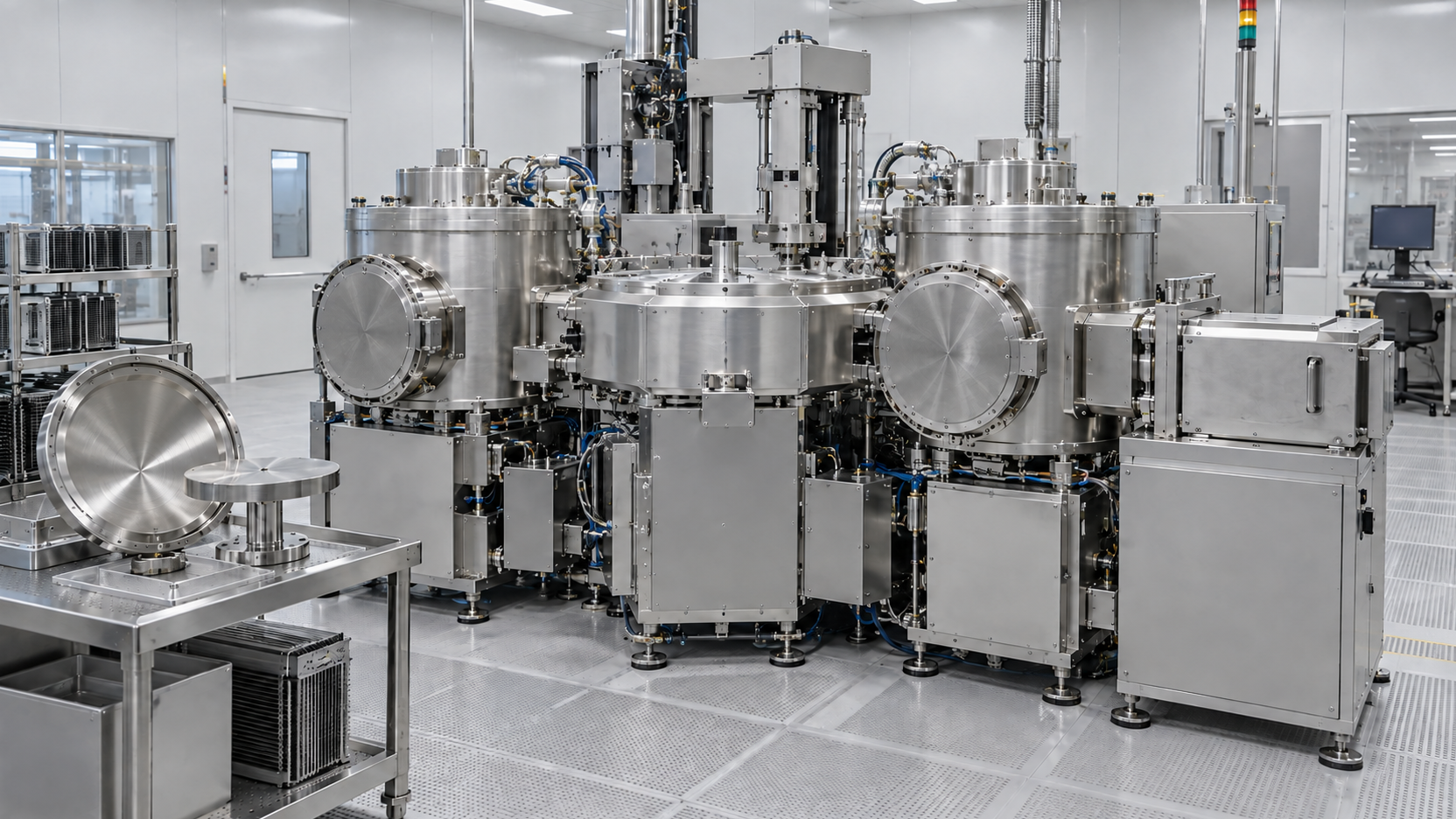 Unbranded multi-chamber PVD semiconductor equipment in a cleanroom.