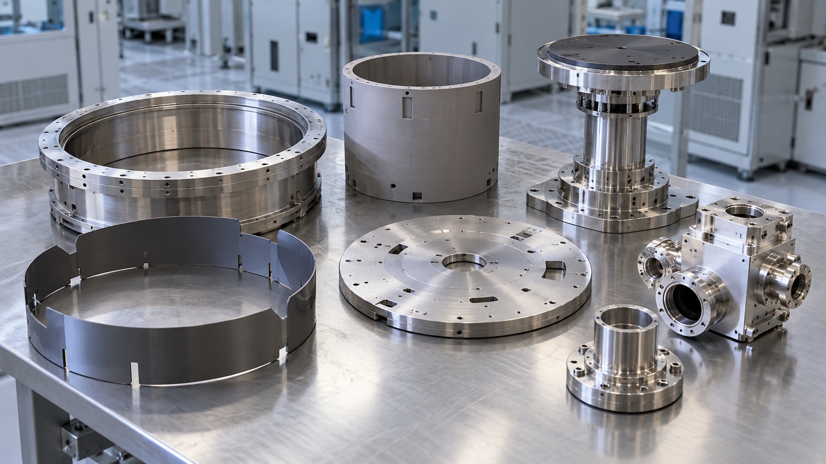 Concept image of semiconductor equipment spare parts arranged for identification
